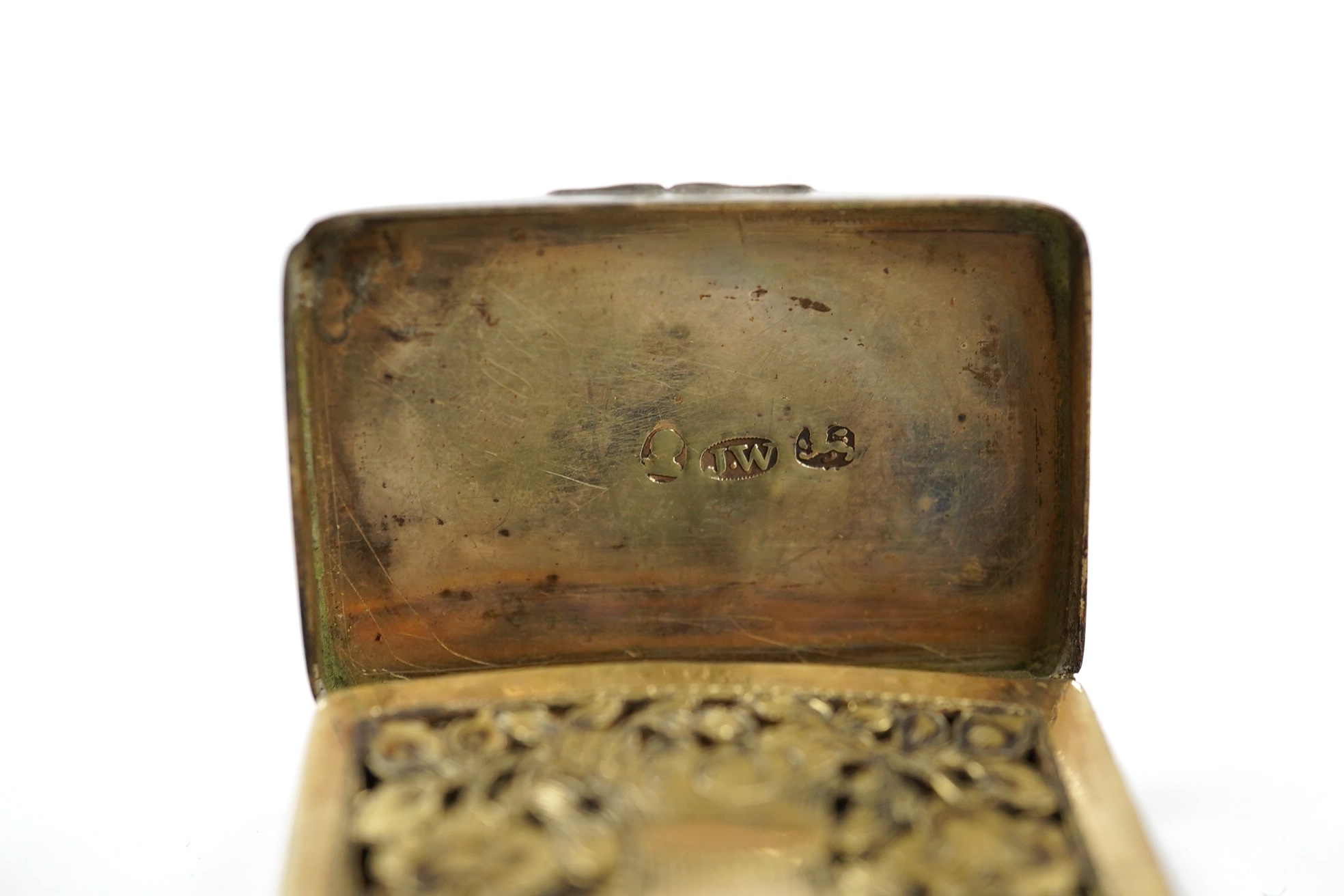 A George III silver concave vinaigrette, by Joseph Wilmore, Birmingham, 1812, 34mm, engraved 'L'Amitie'. Condition - poor to fair